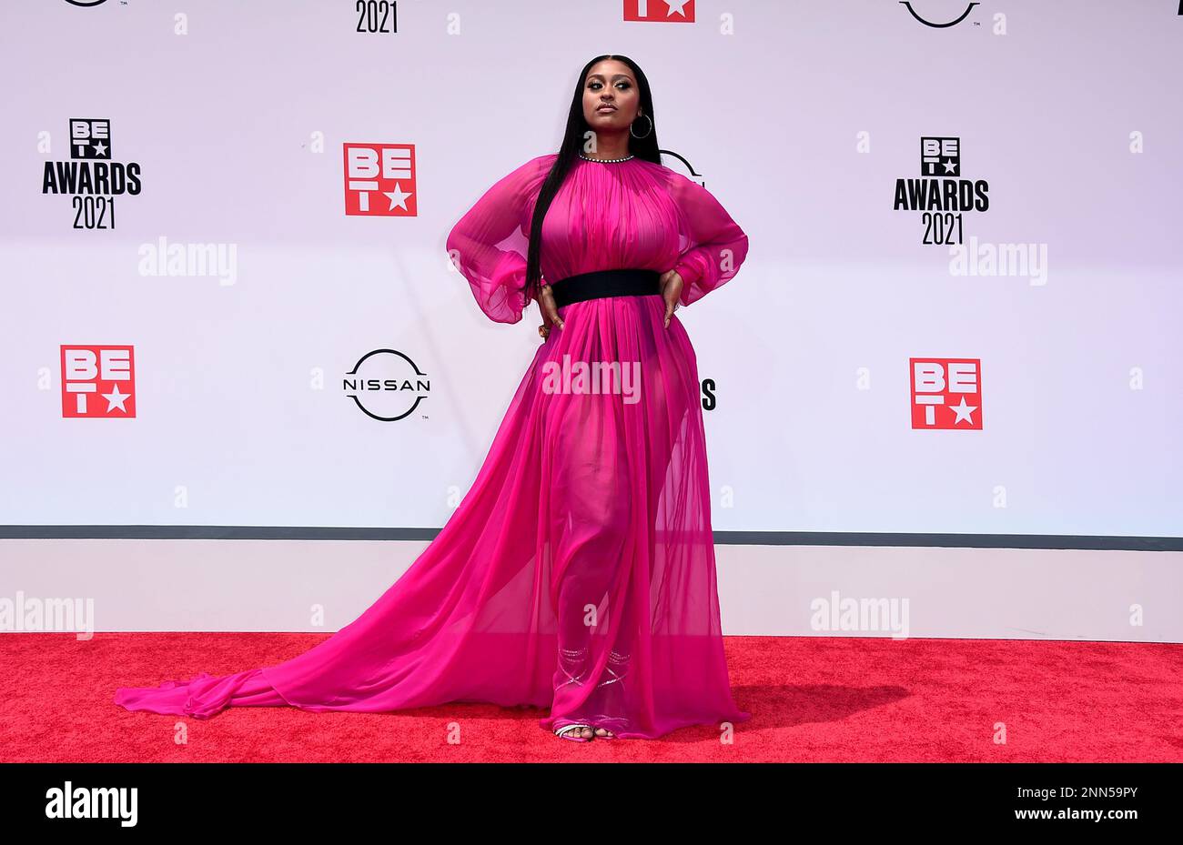 Jazmine Sullivan arrives at the BET Awards on Sunday, June 27, 2021, at