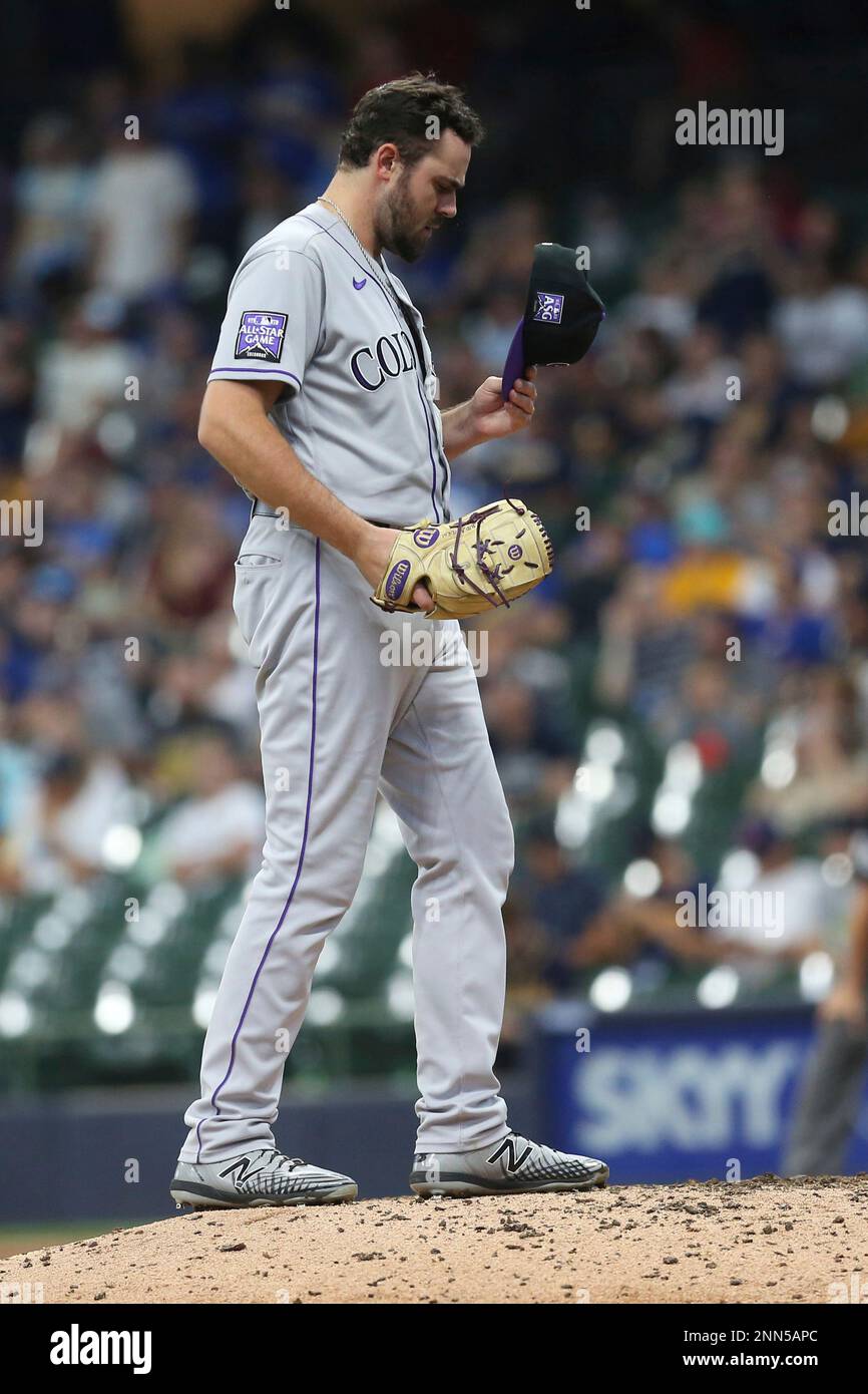 MILWAUKEE, WI - JUNE 26: Colorado Rockies left fielder Raimel Tapia (15)  slams his bat in frustration during a game between the Milwaukee Brewers  and the Colorado Rockies on June 26, 2021