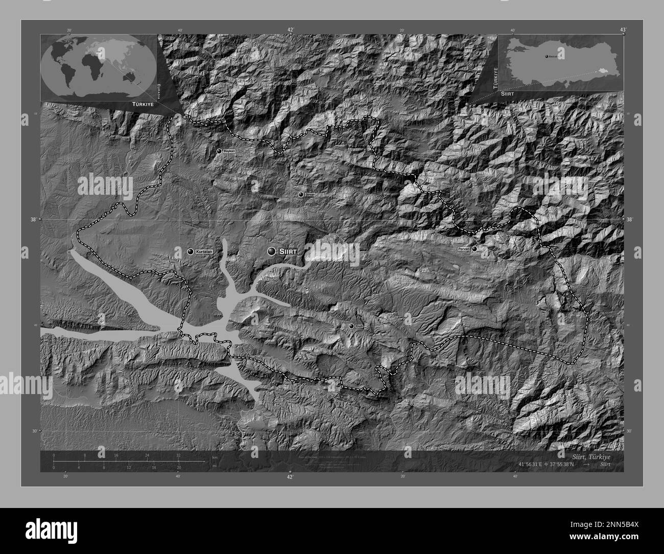 Turkiye Rivers Siirt, province of Turkiye. Bilevel elevation map with lakes and rivers ...