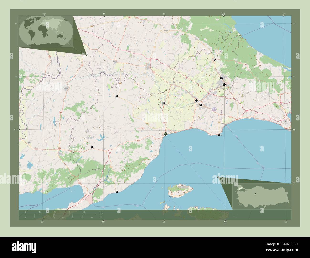 Tekirdag, province of Turkiye. Open Street Map. Locations of major ...