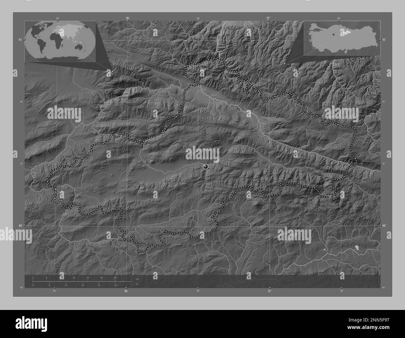 Tokat, province of Turkiye. Grayscale elevation map with lakes and rivers. Corner auxiliary location maps Stock Photo