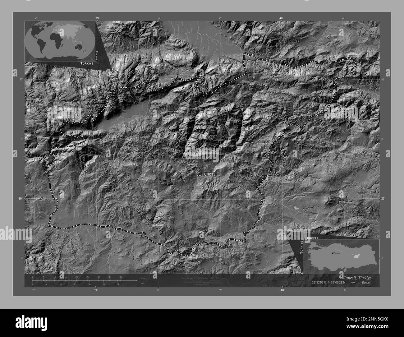 Tunceli, province of Turkiye. Bilevel elevation map with lakes and ...