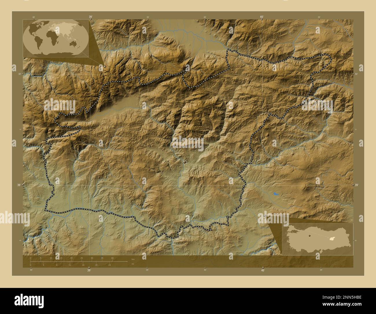 Turkiye Rivers Tunceli, province of Turkiye. Colored elevation map with lakes and ...