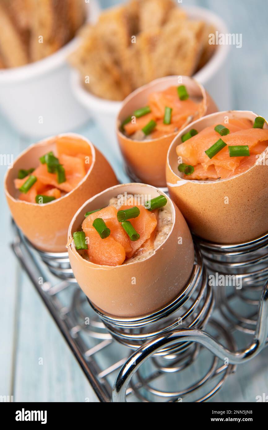 Recipe eggs casserole cooked in the shell with mushroom cream sauce and