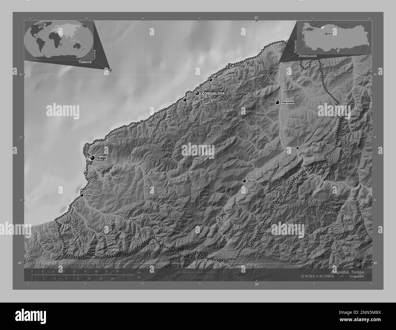 Zonguldak, province of Turkiye. Grayscale elevation map with lakes and
