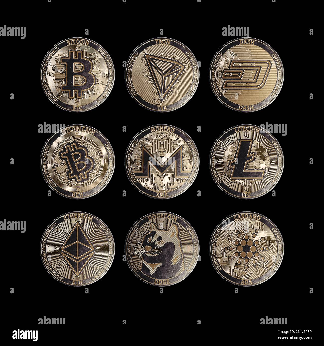 A collection of physical cryptocurrency bitcoin, ethereum, monero, tron,  cardano, doge, dash, and litecoin in bronze and silver coin form on a dark  st Stock Photo - Alamy
