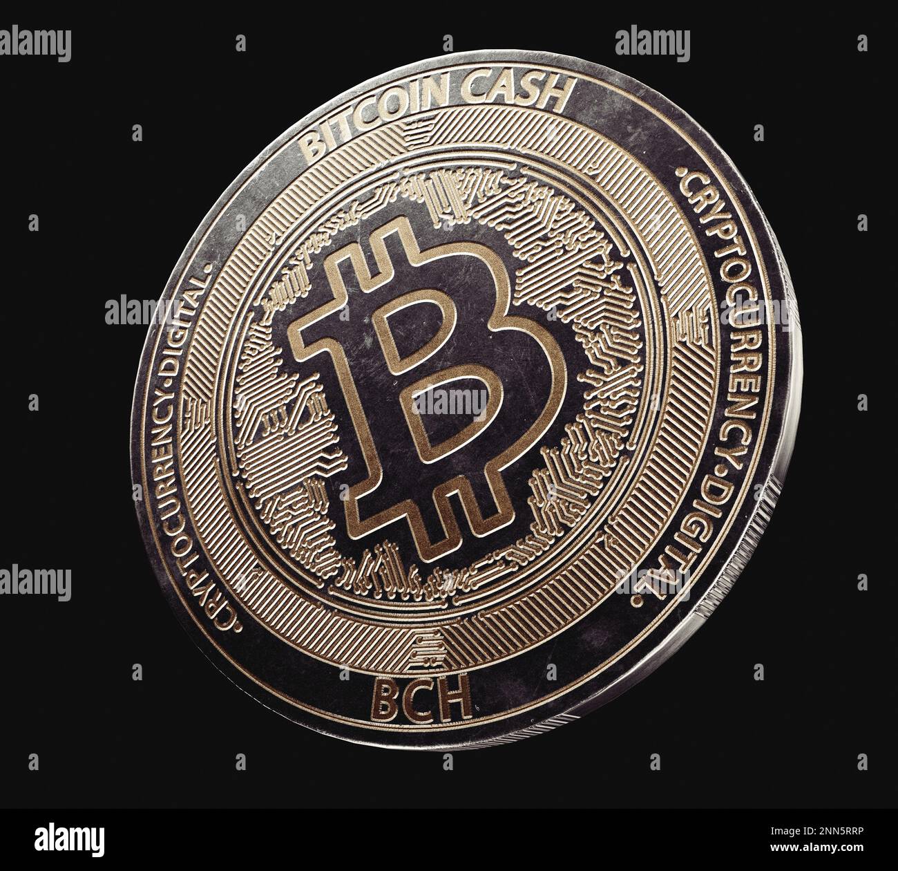 A dimly lit physical bitcoin cash cryptocurrency in bronze and silver coin  form on a dark studio background- 3D render Stock Photo - Alamy