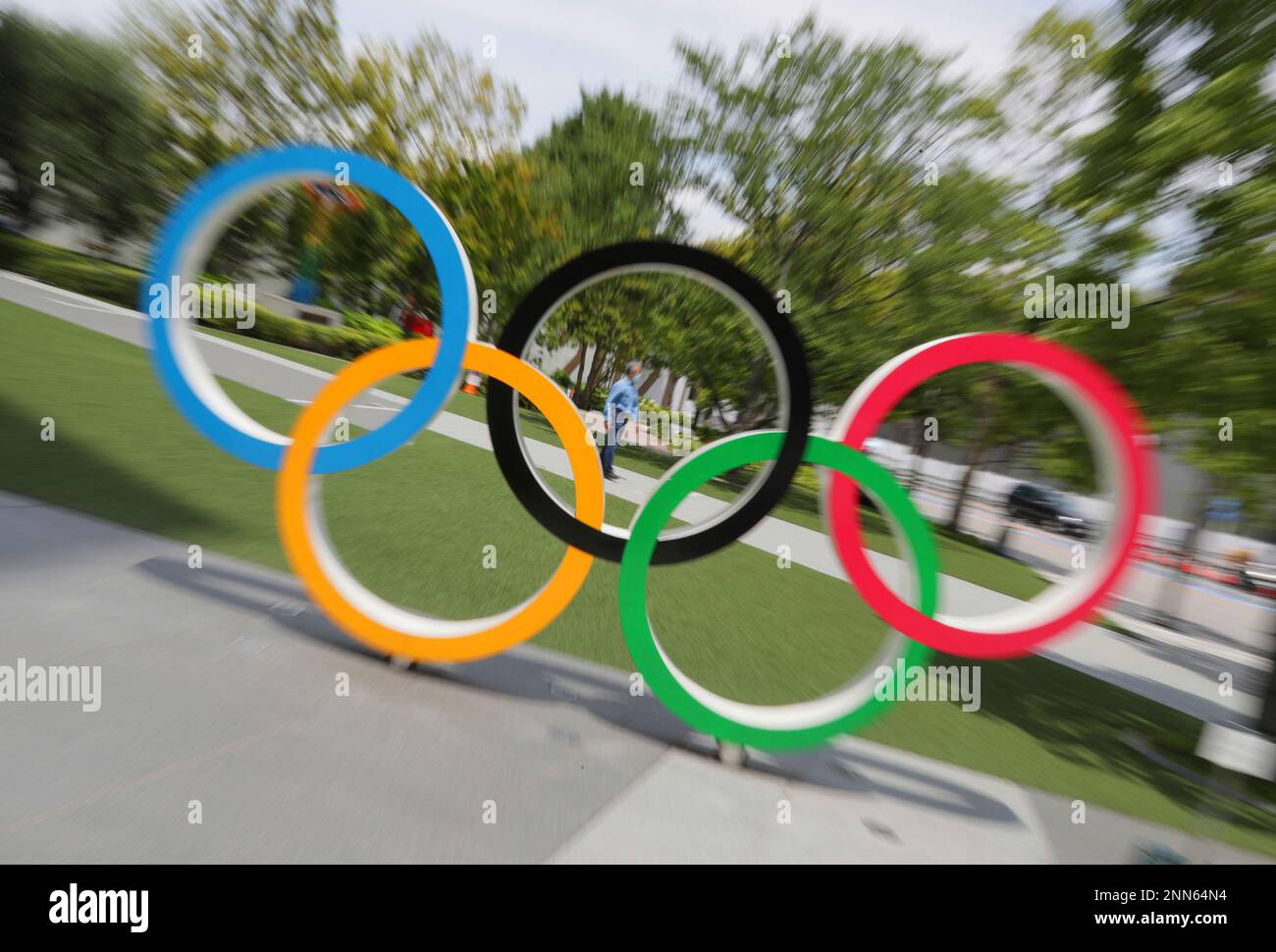 A photo shows a five-ring Olympic emblem in ftont of National Stadium ...