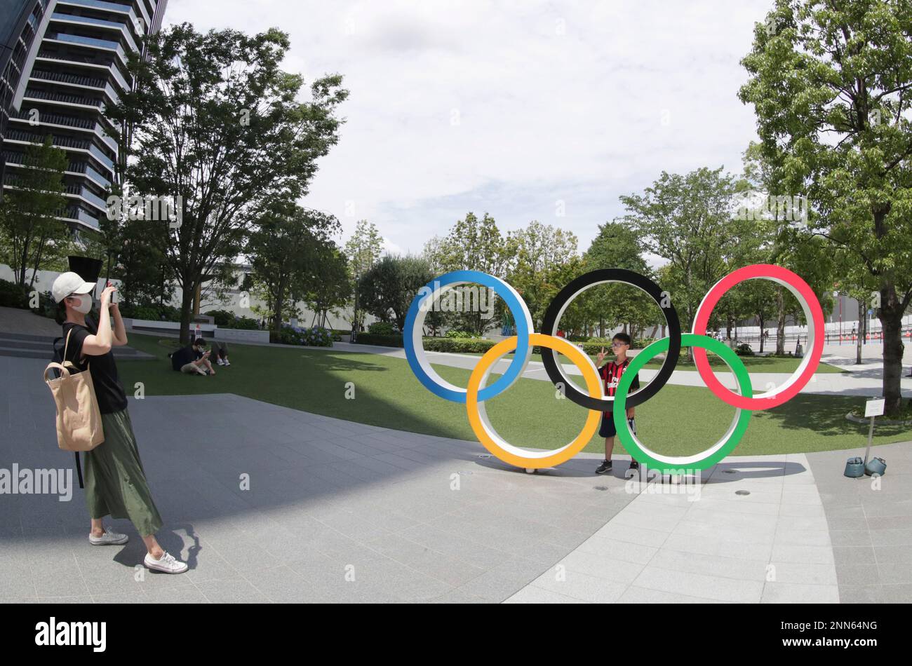A photo shows a five-ring Olympic emblem in ftont of National Stadium ...