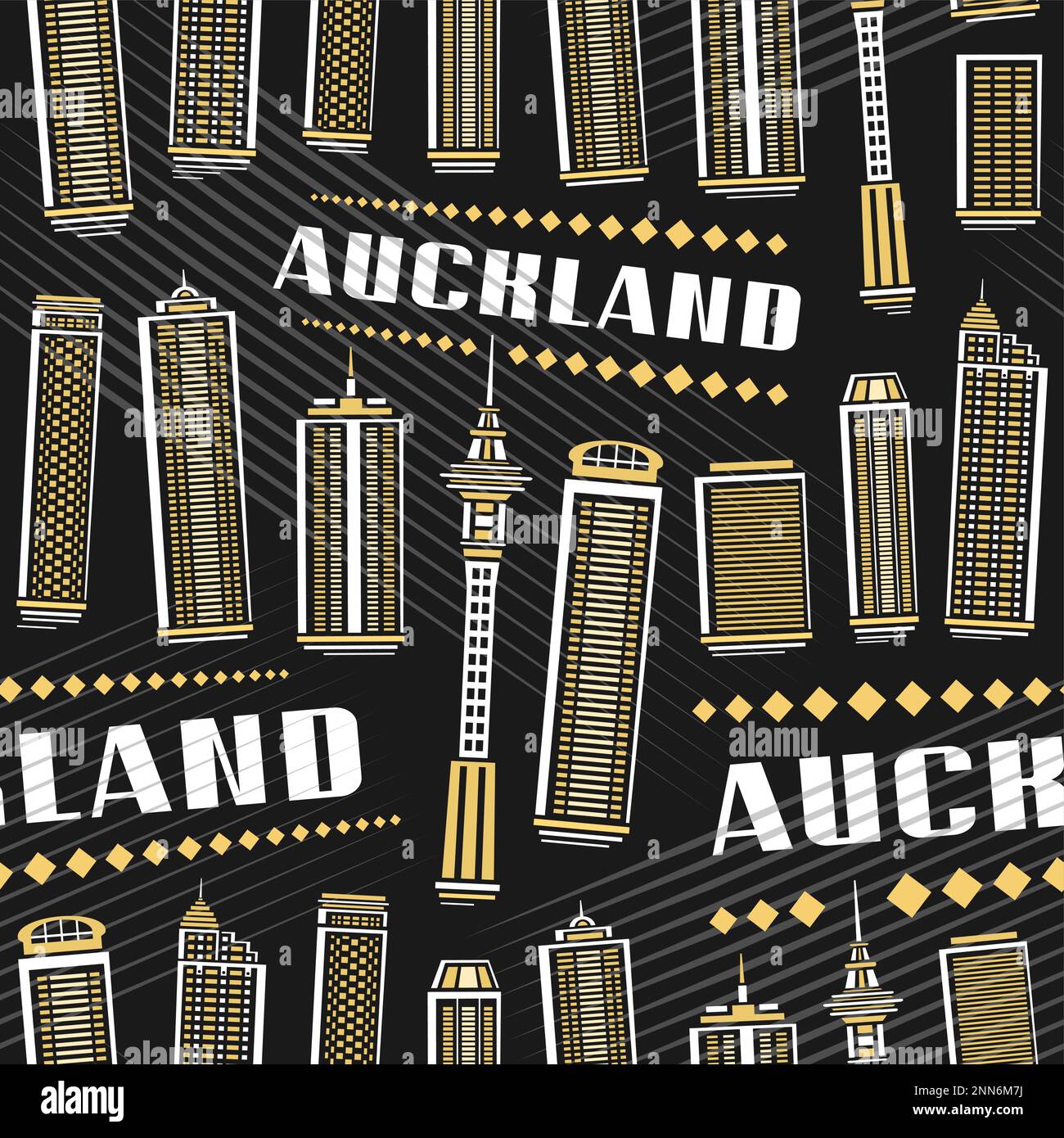 Vector Auckland Seamless Pattern, repeating background with illustration of famous auckland city scape on dark background for wrapping paper, decorati Stock Vector