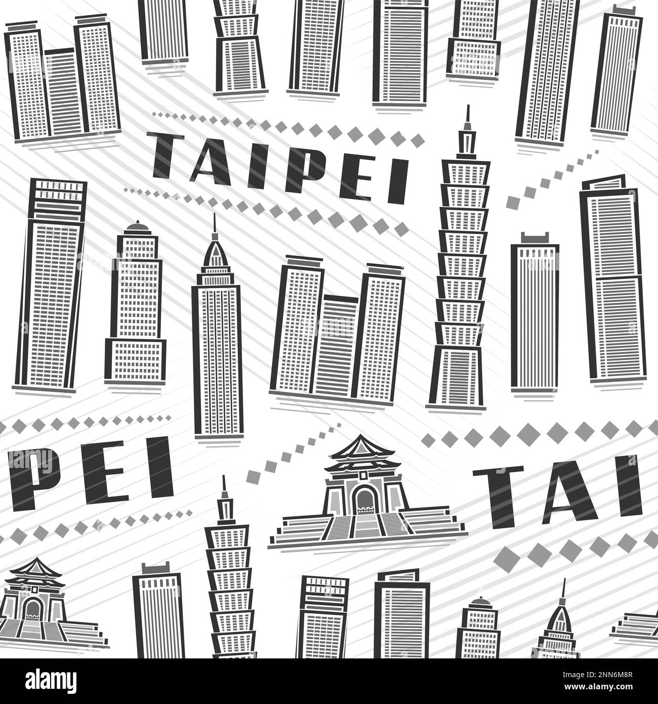 Vector Taipei Seamless Pattern, square repeating background with illustration of famous taipei city scape on white background for wrapping paper, mono Stock Vector