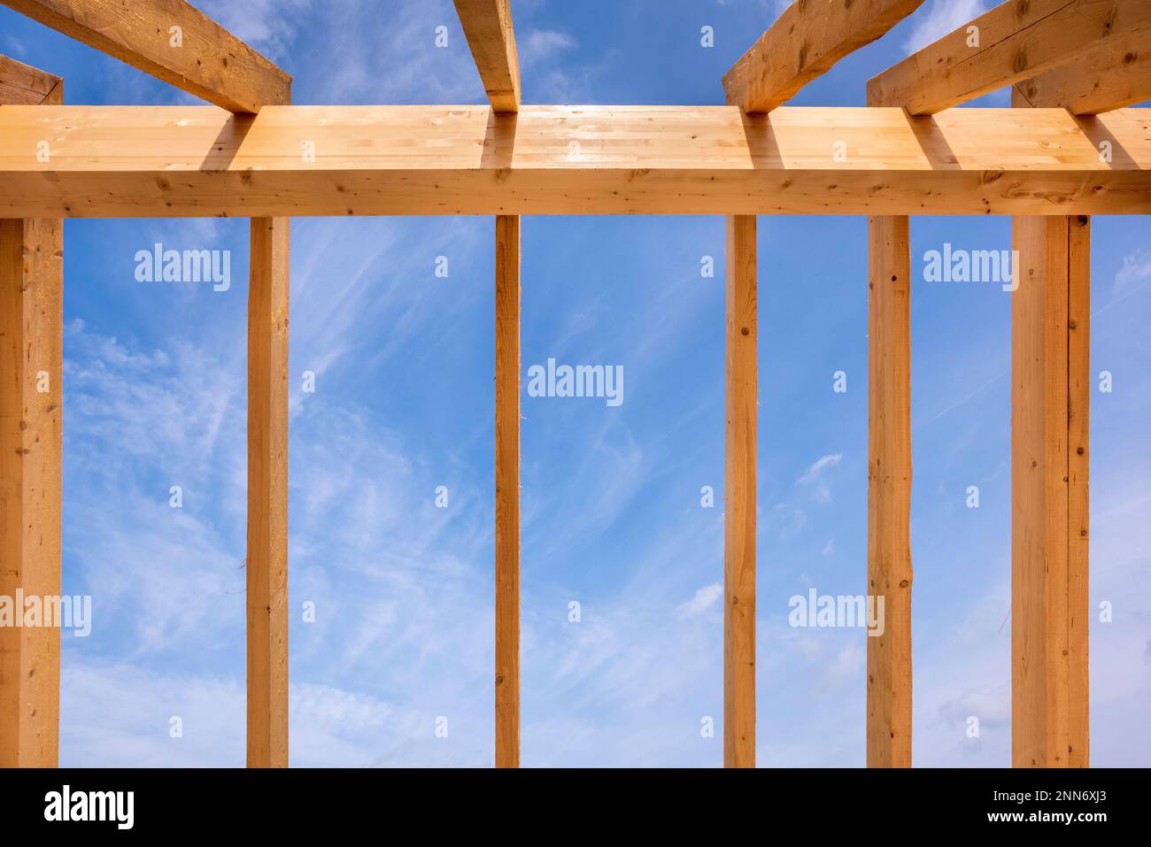 Roof truss in construction of a newly built house Stock Photo