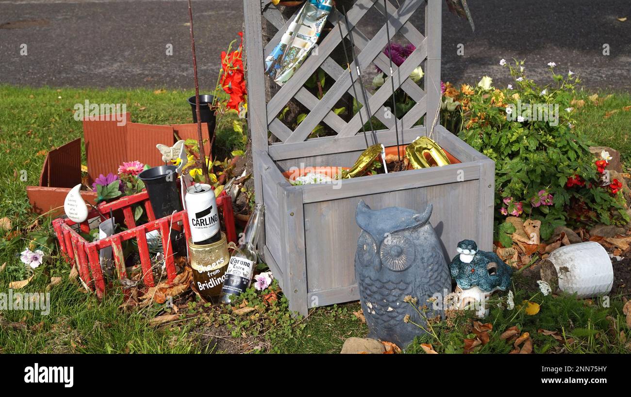 A more recent sight are the small mini-shrines which seem to be appearing as relatives attempt to come to terms with the death of younger relatives in particular.  The tiny football goal made of flower arranger's foam is one, complete with a net made from curtaining and a sad little collection of bits of old plastic with just the penguin in a hat and scarf still recognisable. More miscellaneous bric a brac surrounds the grey pot holder at the other shrine.  The concrete owl is easily explained as a symbol of a local Sheffield football team. The fading print on a tin of Carling suggests decay Stock Photo