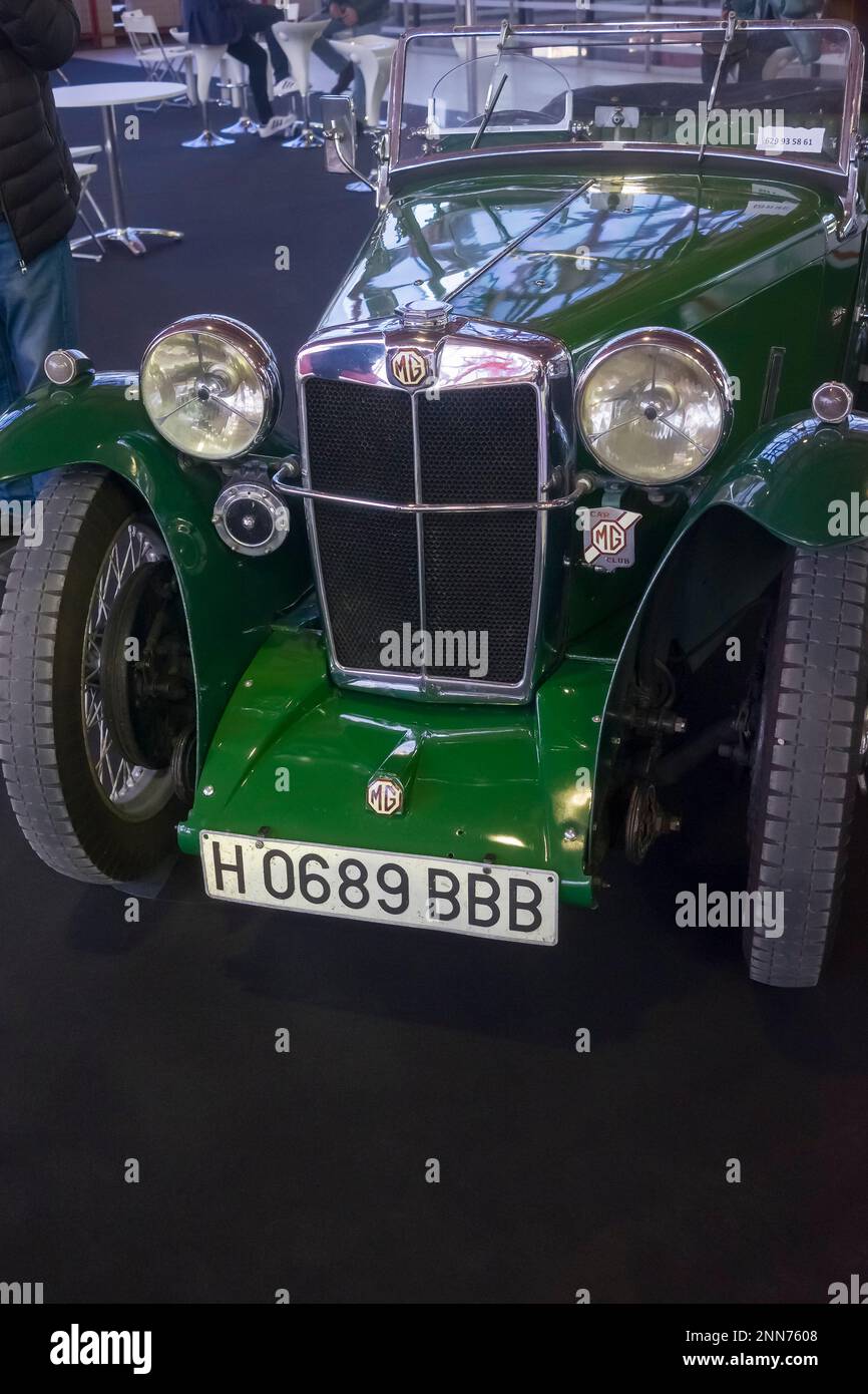 Green MG sportscar  at the ClassicMadrid exhibition of classic and vintage cars opened in Madrid and organised by the Salón Internacional del Vehículo Stock Photo