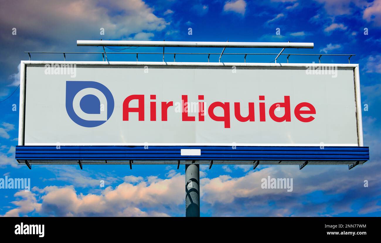 POZNAN, POL JAN 11, 2023 Advertisement billboard displaying logo of Air Liquide, a company