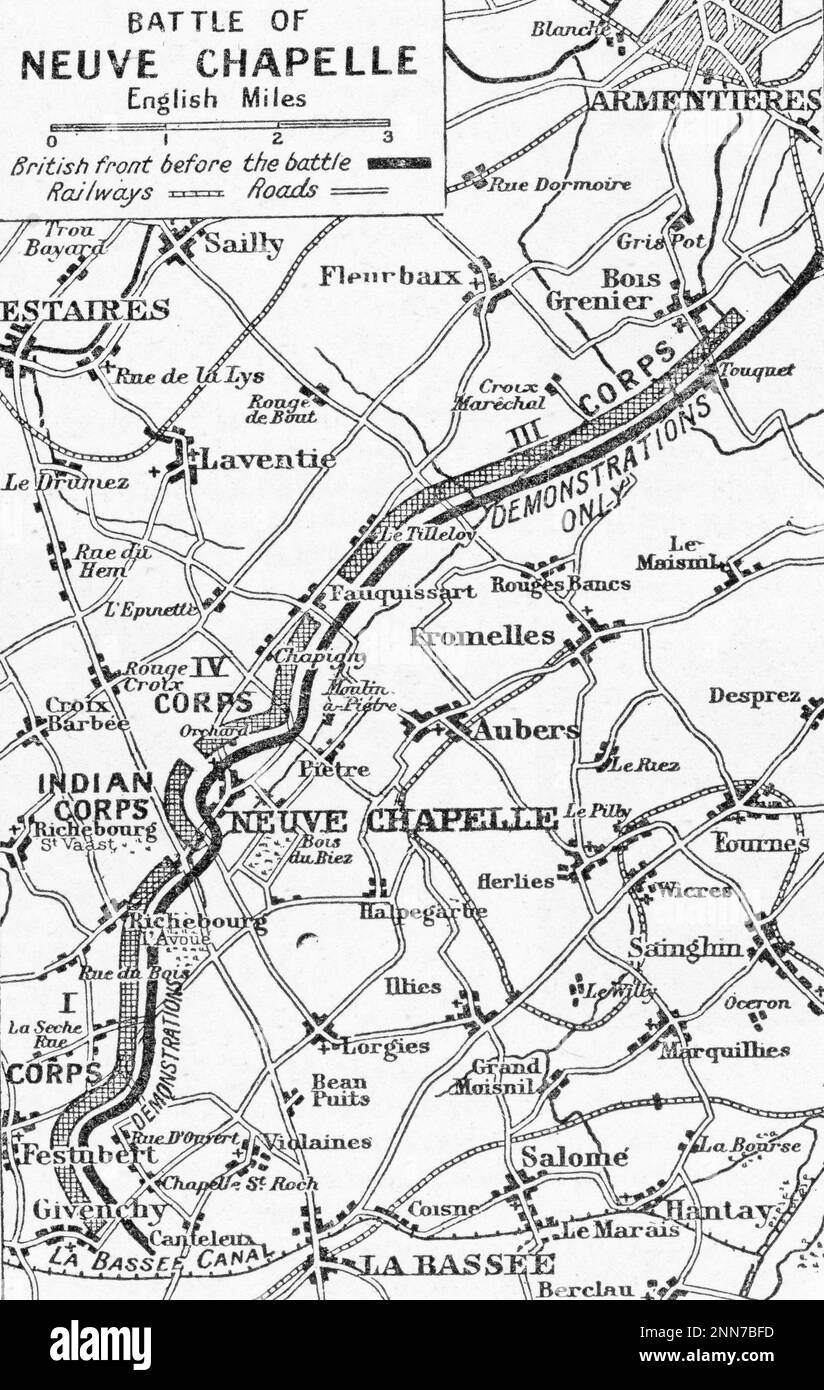 A plan of the Battle of Neuve Chapelle, c1922. The Battle of Neuve Chapelle (10th to 13th March, 1915) took place during World War I, in the Artois region of France. The attack was intended to cause a rupture in the German lines. Stock Photo