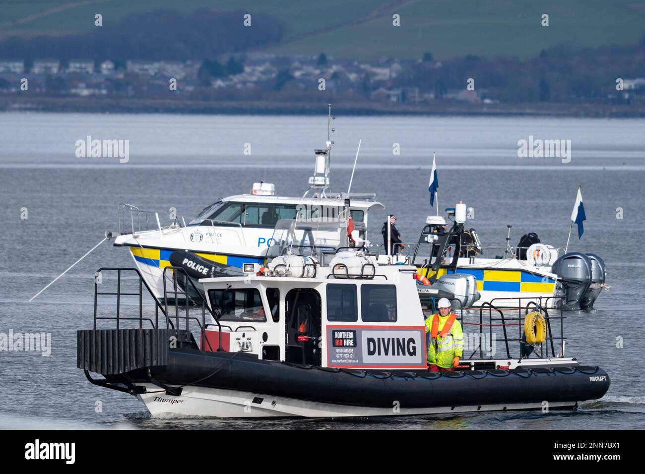 Greenock, Scotland, UK. 25 February 2023. Police and Pilot craft at