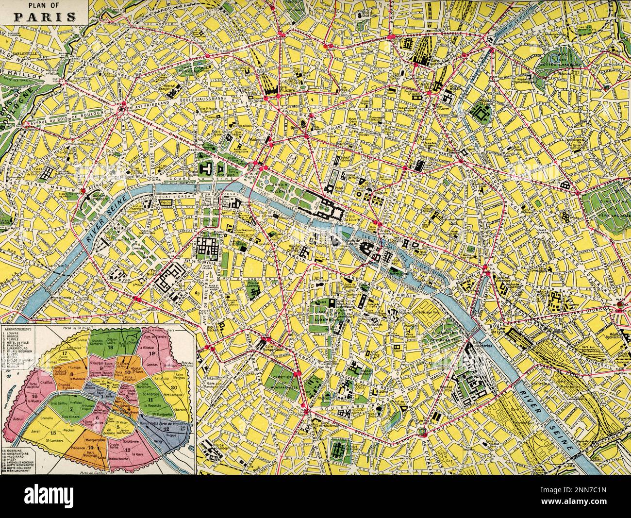 Plan of Paris, c1922. A 1920s plan of Paris highlighting its twenty arrondissements. Stock Photo