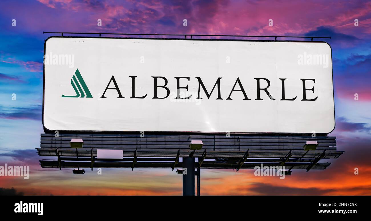 POZNAN, POL - JAN 11, 2023: Advertisement billboard displaying logo of Albemarle, a specialty chemicals manufacturing company based in Charlotte, Nort Stock Photo