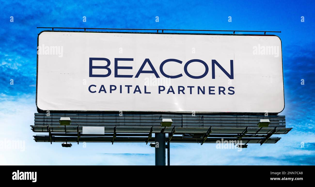 POZNAN, POL FEB 8, 2023 Advertisement billboard displaying logo of Beacon Capital Partners, a