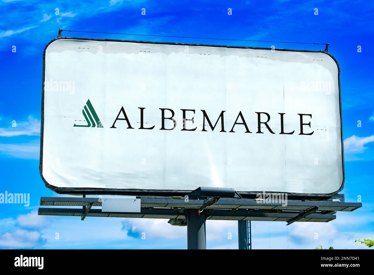 POZNAN, POL - JAN 11, 2023: Advertisement billboard displaying logo of Albemarle, a specialty chemicals manufacturing company based in Charlotte, Nort Stock Photo