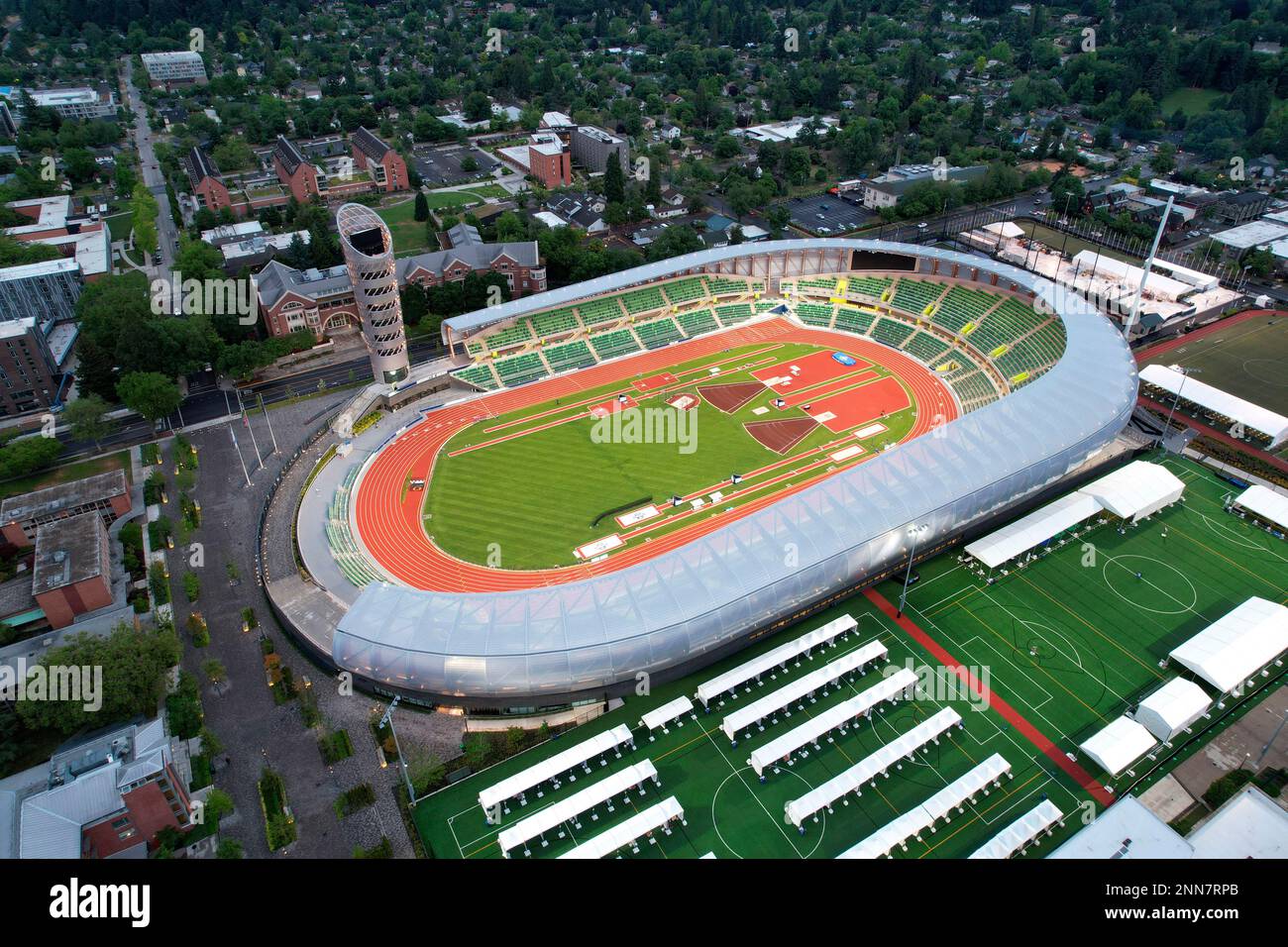 An aerial view of Hayward Field on the campus of the University of