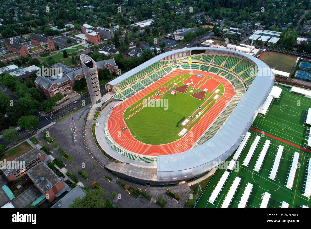 An aerial view of Hayward Field on the campus of the University of