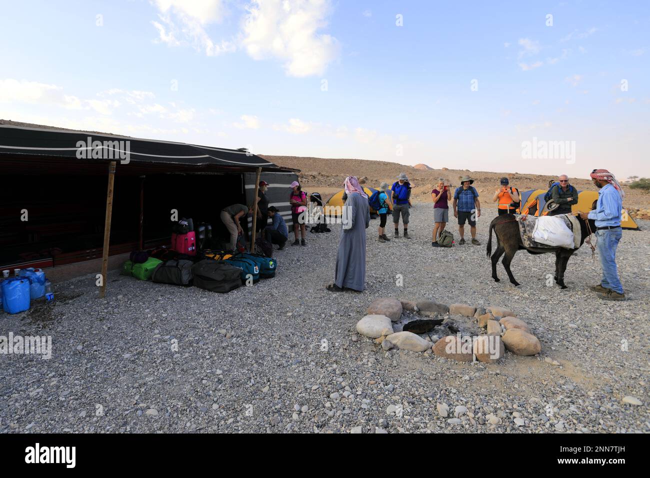 Wild trekkers camp in Feynan village, Wadi Araba Desert, south-central Jordan, Middle East. Stock Photo