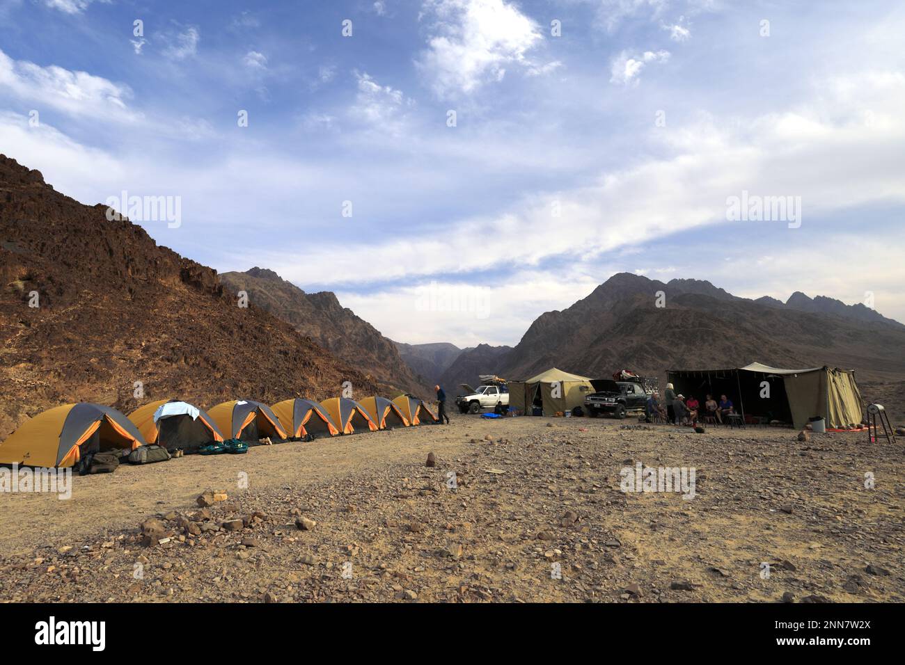 Wild trekkers camp in Wadi Barwas, Al-Sharat, Wadi Araba Desert, south-central Jordan, Middle East. Stock Photo
