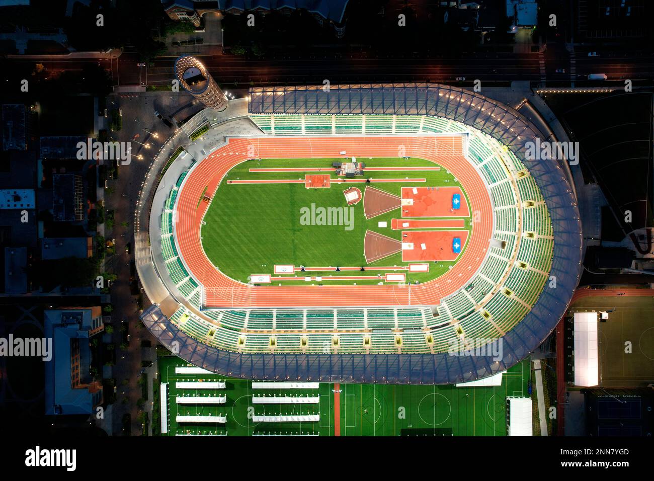 An aerial view of Hayward Field on the campus of the University of