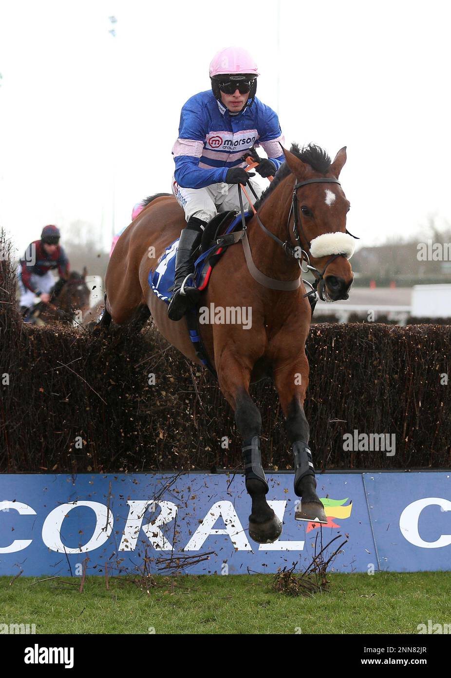 Solo ridden by Harry Cobden clears a fence before going on to win the Coral Pendil Novices' Chase at Kempton Park Racecourse, Surrey. Picture date: Saturday February 25, 2023. Stock Photo
