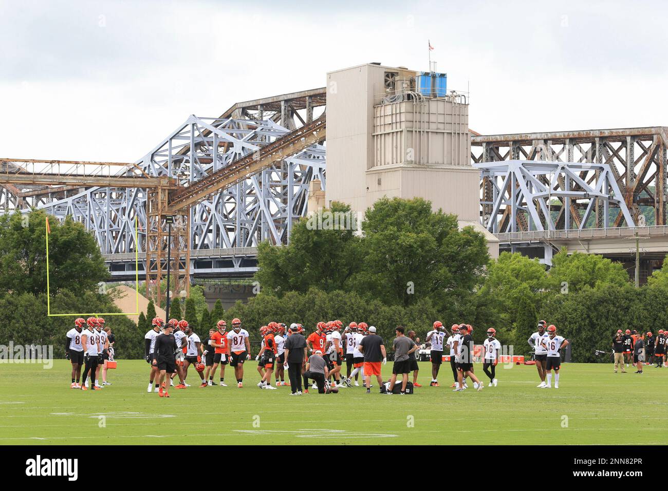 CINCINNATI, OH - JUNE 08: Cincinnati Bengals quarterback Joe Burrow (9)  talks with his teammates during the Cincinnati Bengals OTA on June 8, 2021  at the Cincinnati Bengals training facility in Cincinnati