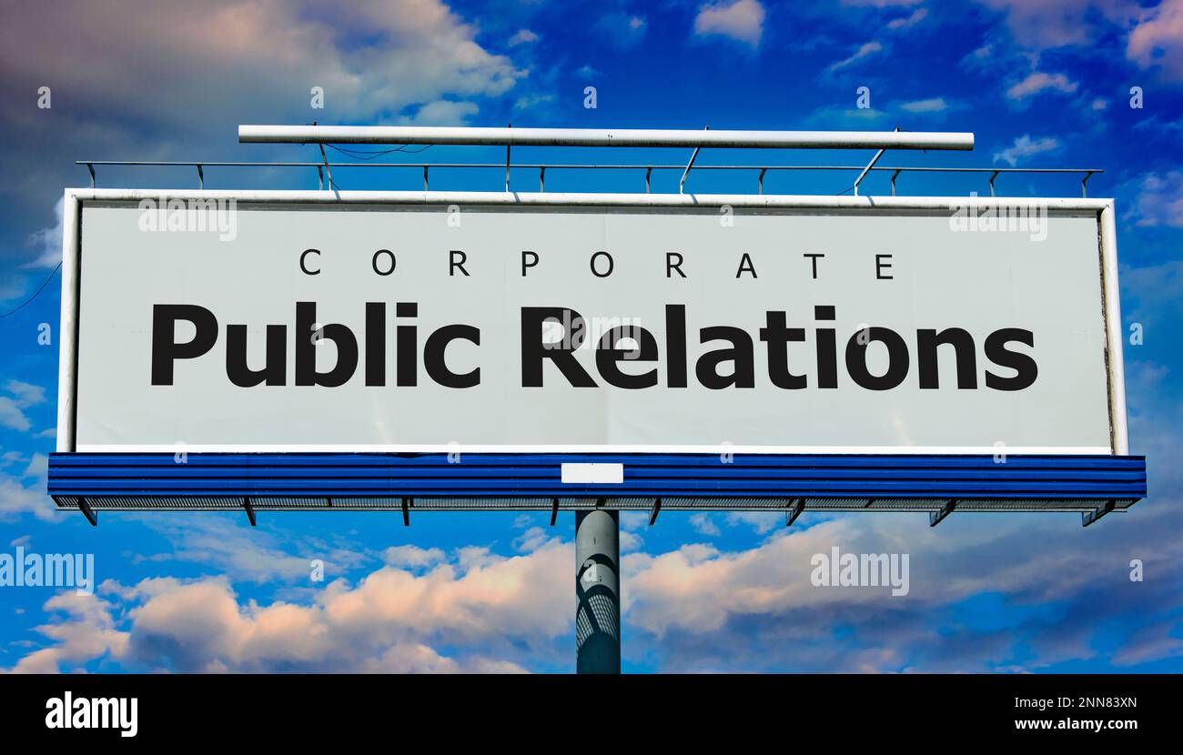 Advertisement billboard displaying the catchword: Public Relations Stock Photo