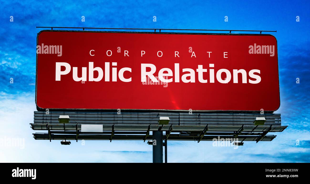 Advertisement billboard displaying the catchword: Public Relations Stock Photo