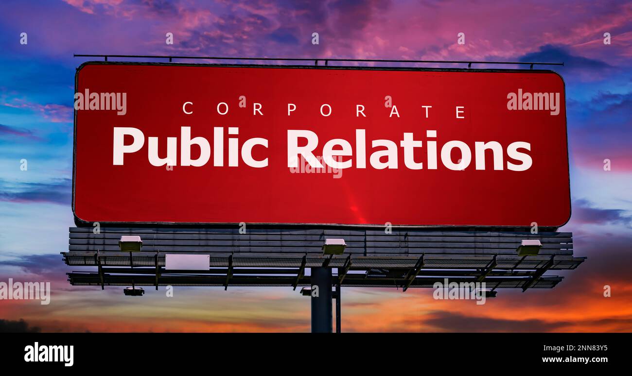 Advertisement billboard displaying the catchword: Public Relations Stock Photo