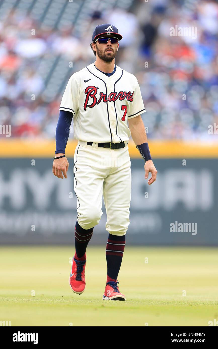 ATLANTA, GA - JUNE 17: Atlanta Braves Shortstop Dansby Swanson (7) looks on  during the Father's Day MLB game between the Atlanta Braves and the San  Diego Padres on June 17, 2018