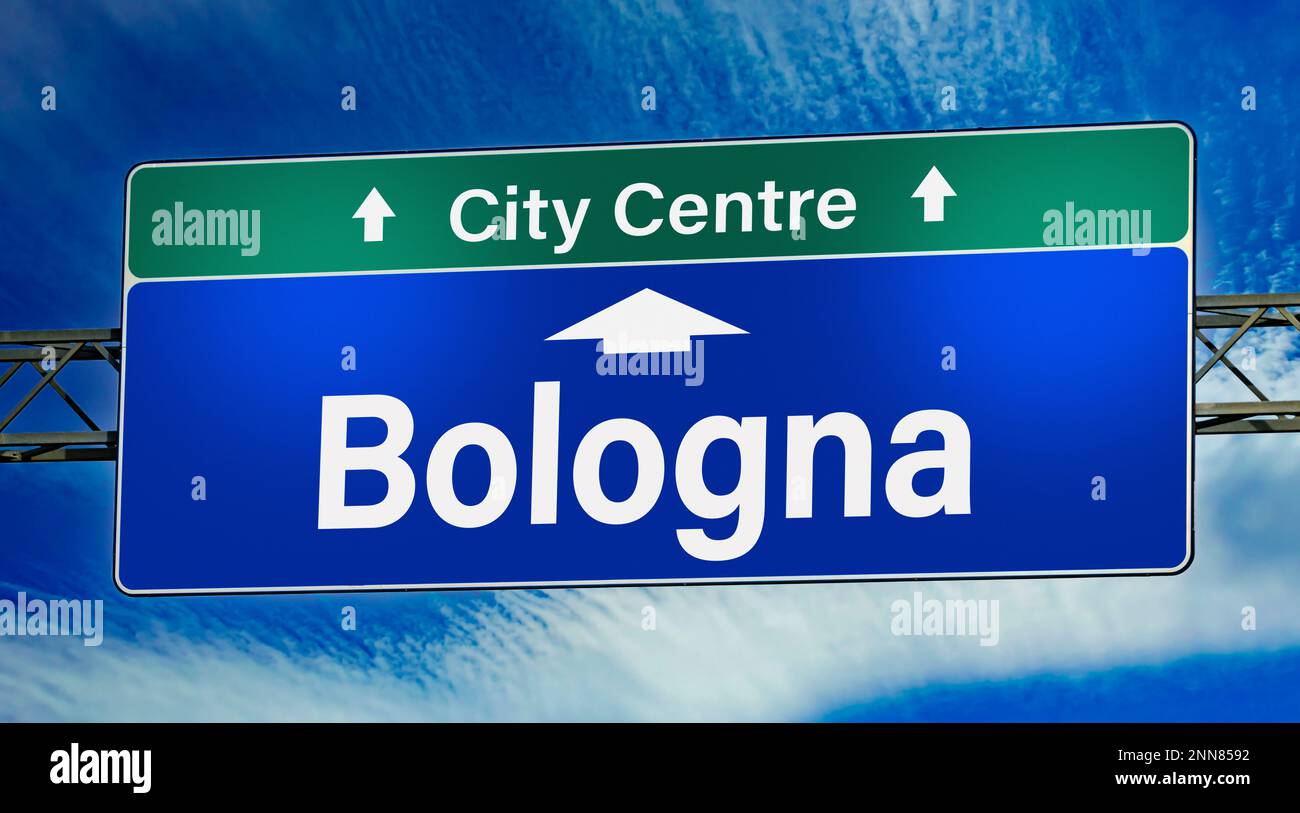 Road sign indicating direction to the city of Bologna Stock Photo Alamy