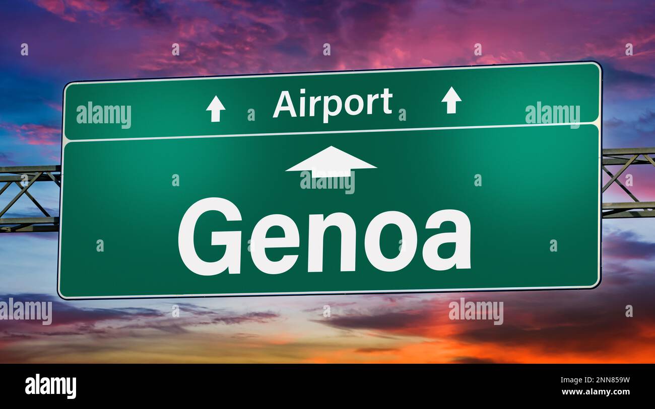 Road sign indicating direction to the city of Genoa Stock Photo Alamy