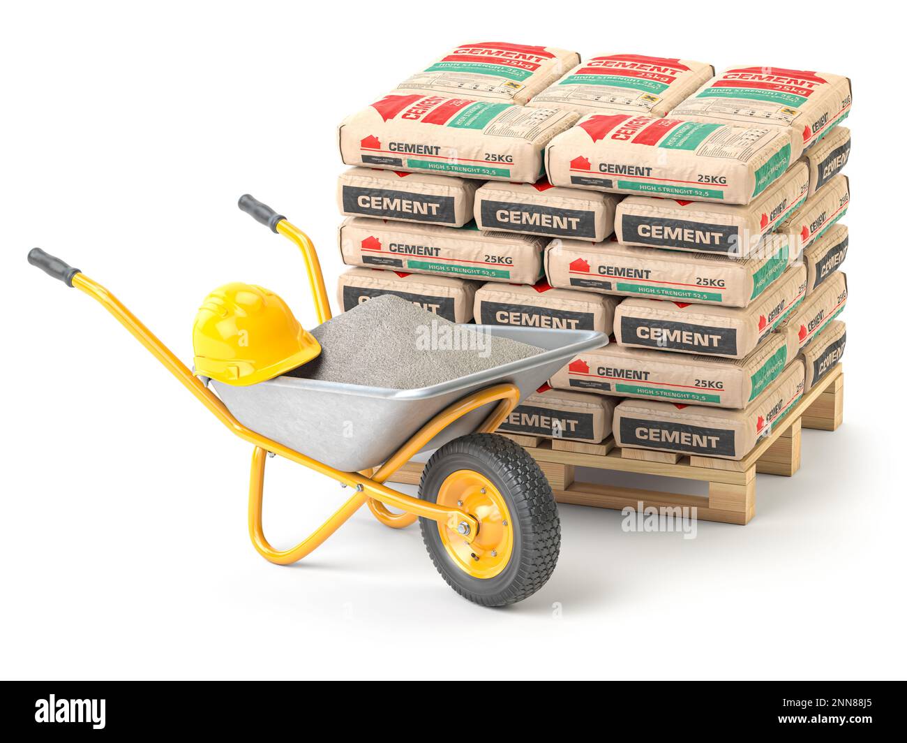 Wheelbarrow and cement bags isolated on white. Construction materials. 3d illustration Stock Photo