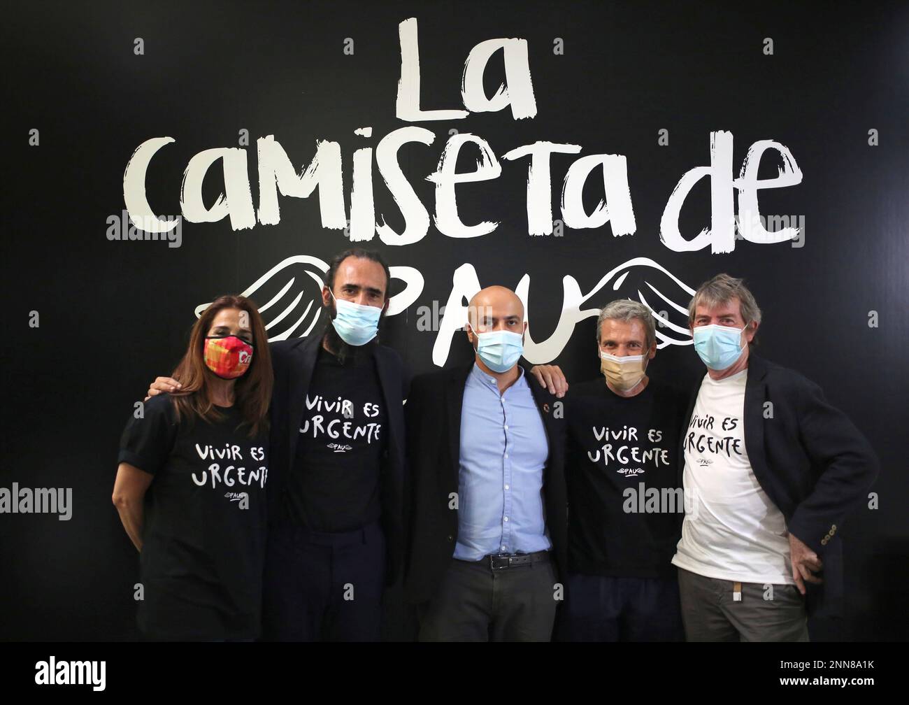 Jorge Martínez, graphic designer of Help! during the presentation of the  initiative against cancer 'Pau's T-shirt', on June 8, 2021, in Madrid (Spain).  With the slogan "Living is urgent" printed on the