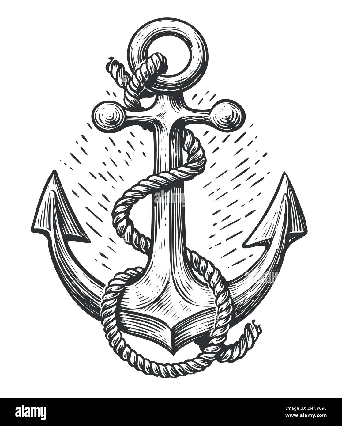 Nautical ship anchor with a rope. Sea adventure, cruise concept. Vintage sketch vector illustration Stock Vector