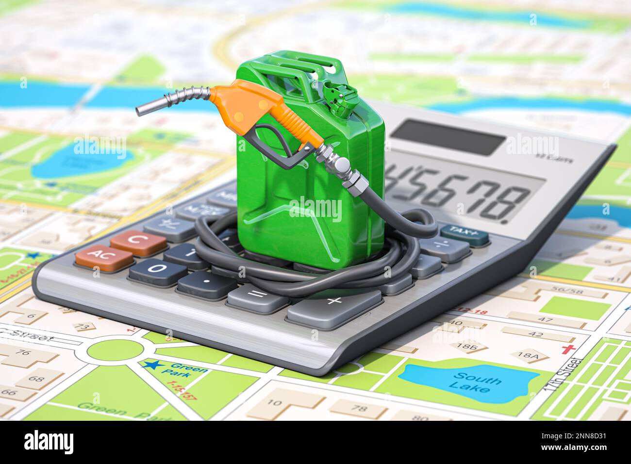Cost of fuel calculation concept - Cost Of Fuel Calculation Concept Gas Pump Nozzle Gasoline Canister Amd Calculator On City Map 3d Illustration 2NN8D31 