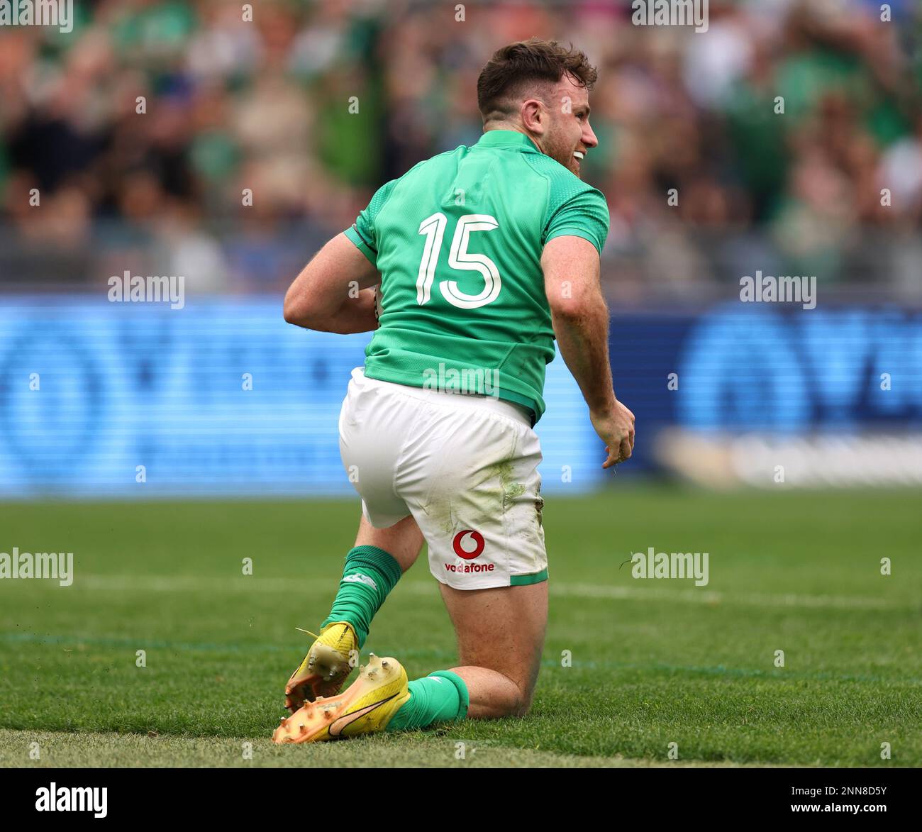 Ireland's Hugo Keenan celebrates scoring their side's second try during ...