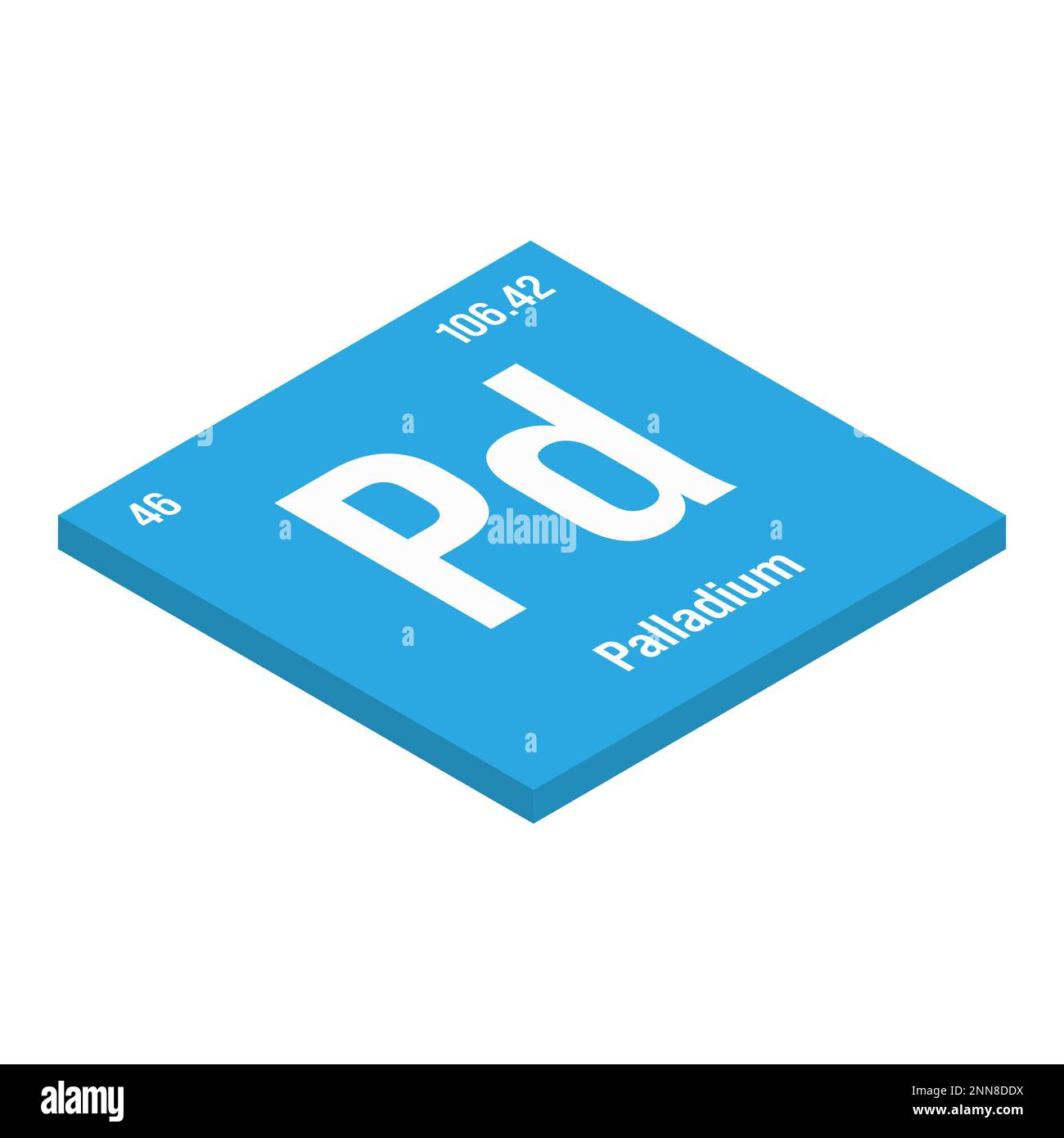 Palladium, Pd, periodic table element with name, symbol, atomic number and weight. Transition metal with various industrial uses, such as in catalytic converters, jewelry, and as a component of certain alloys. Stock Vector