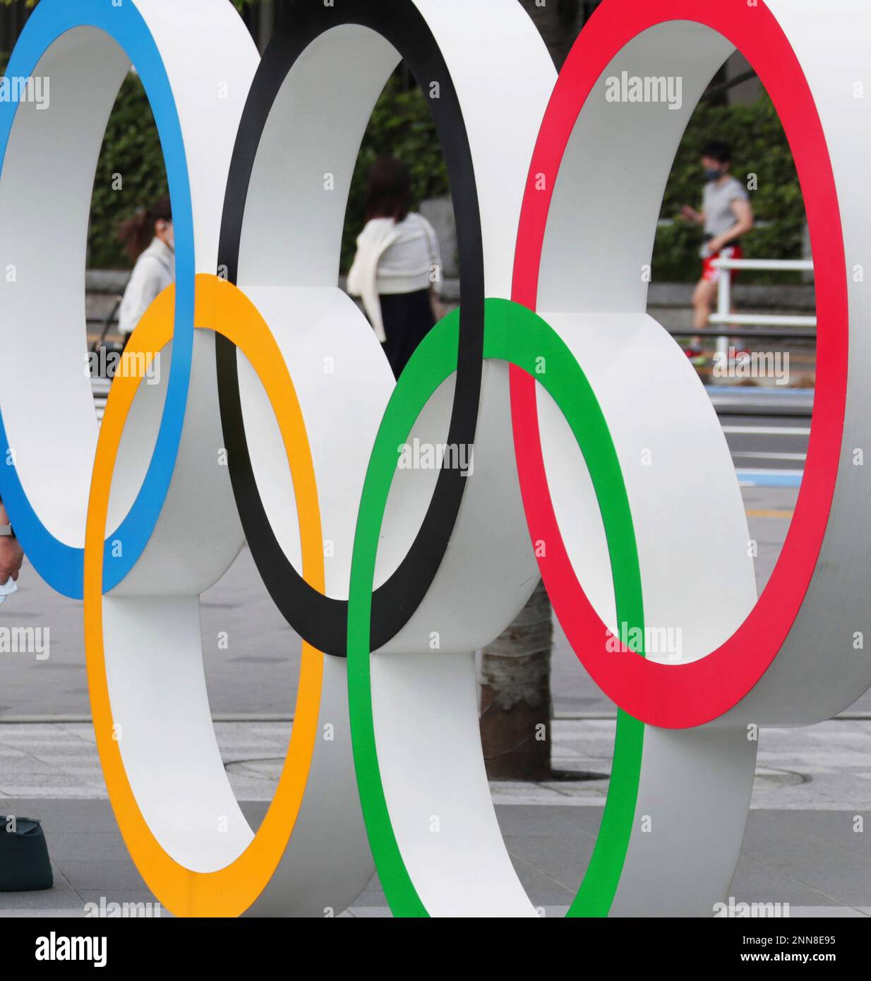 A photo shows a five-ring Olympic emblem in ftont of National Stadium ...