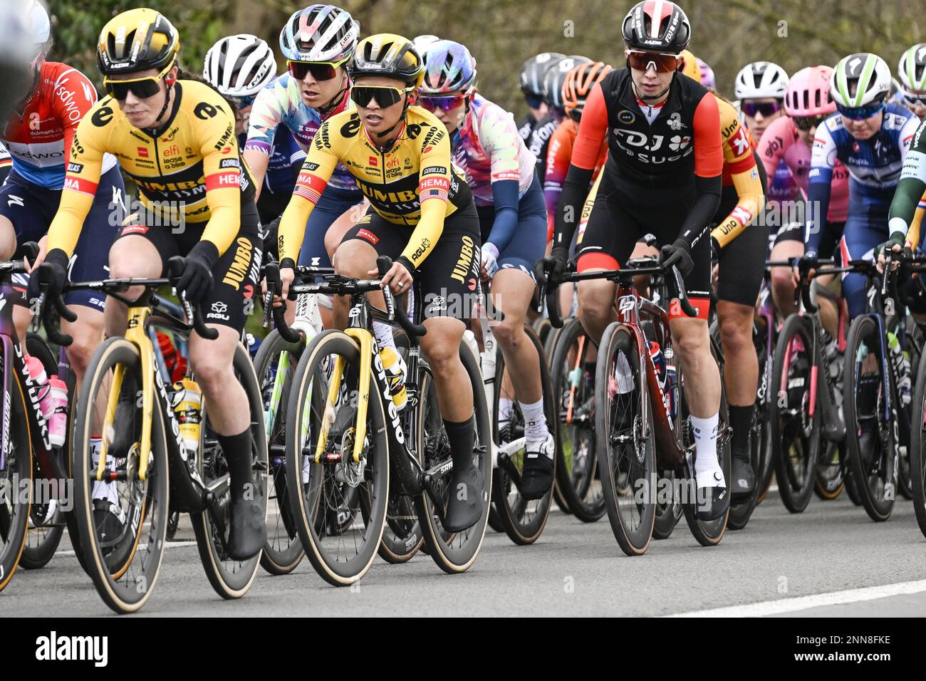 US Coryn Labecki of Team Jumbo-Visma pictured in action during the women's one-day cycling race Omloop Het Nieuwsblad, for the first time part of the Women's World Tour races, 132,2 km from Gent to Ninove, Saturday 25 February 2023. BELGA PHOTO TOM GOYVAERTS Credit: Belga News Agency/Alamy Live News Stock Photo