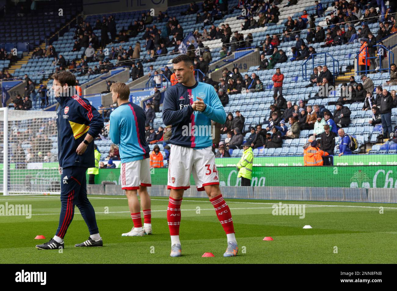 Leicester, UK. 25th Feb 2023. Arsenal's Granit Xhaka warms up before the Premier League match between Leicester City and Arsenal at the King Power Stadium, Leicester on Saturday 25th February 2023. (Photo: John Cripps | MI News) Credit: MI News & Sport /Alamy Live News Stock Photo