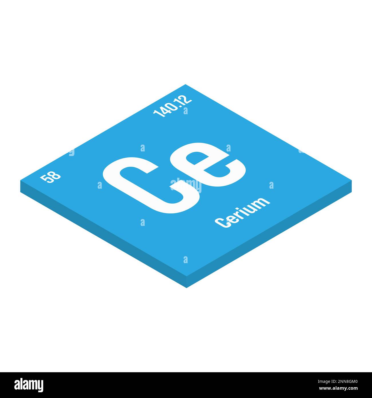 Cerium, Ce, periodic table element with name, symbol, atomic number and weight. Rare earth metal with various industrial uses, such as in catalytic converters, polishing agents, and as a component of lighter flints. Stock Vector
