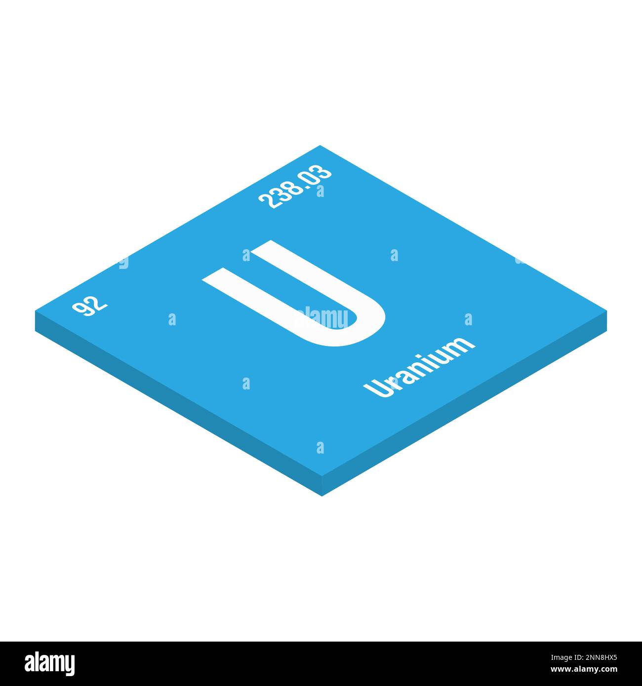 Uranium, U, periodic table element with name, symbol, atomic number and weight. Actinide with