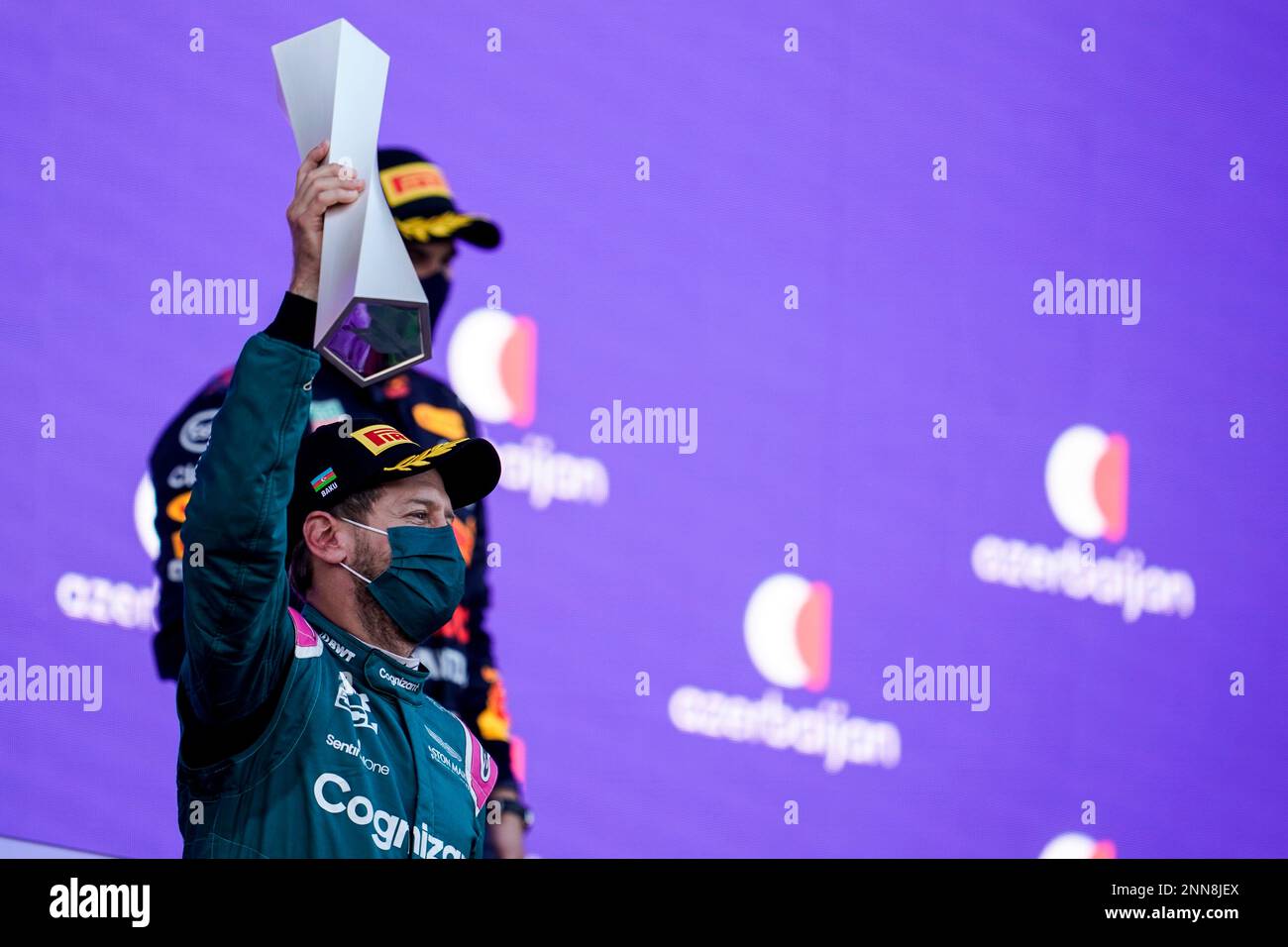 Sebastian Vettel on the podium at the 2021 Baku Azerbaijan Grand Prix